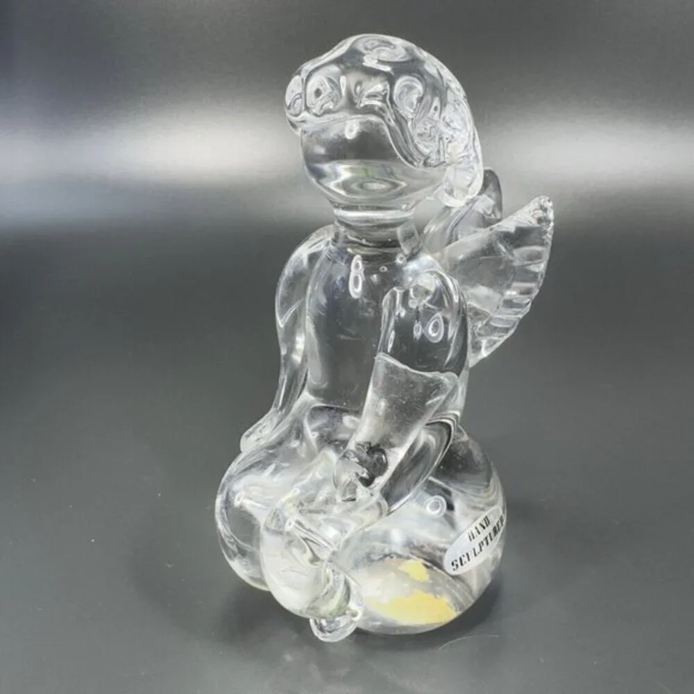 Vintage Hand Blown Clear Angel Figurine Paperweight Hand Sculptured With Sticker